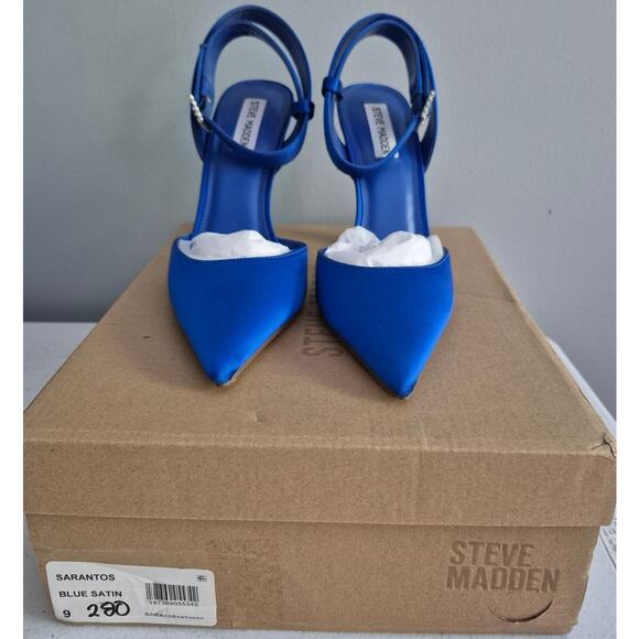 Steve Madden Women Sarantos Ankle Strap Pointed Toe Heels US 9M Blue Satin - Picture 4 of 6